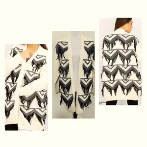 Mango Casual Textured Long Sleeve Cardigan Aztec Yarn Fringe All Over XXS/XS